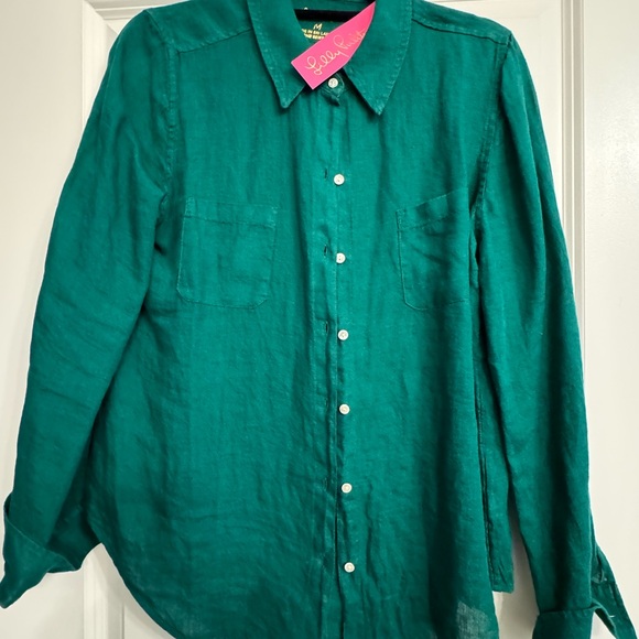 Lilly Pulitzer Seaview linen evergreen button up - Picture 5 of 6